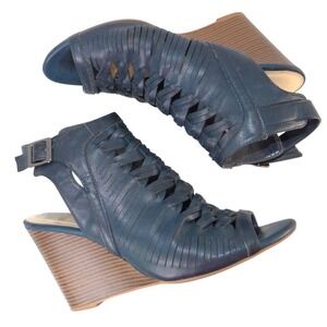 Dollhouse Snaffu Navy Blue Woven Caged Wedge Sandals Womens 10W Open Toe Buckle